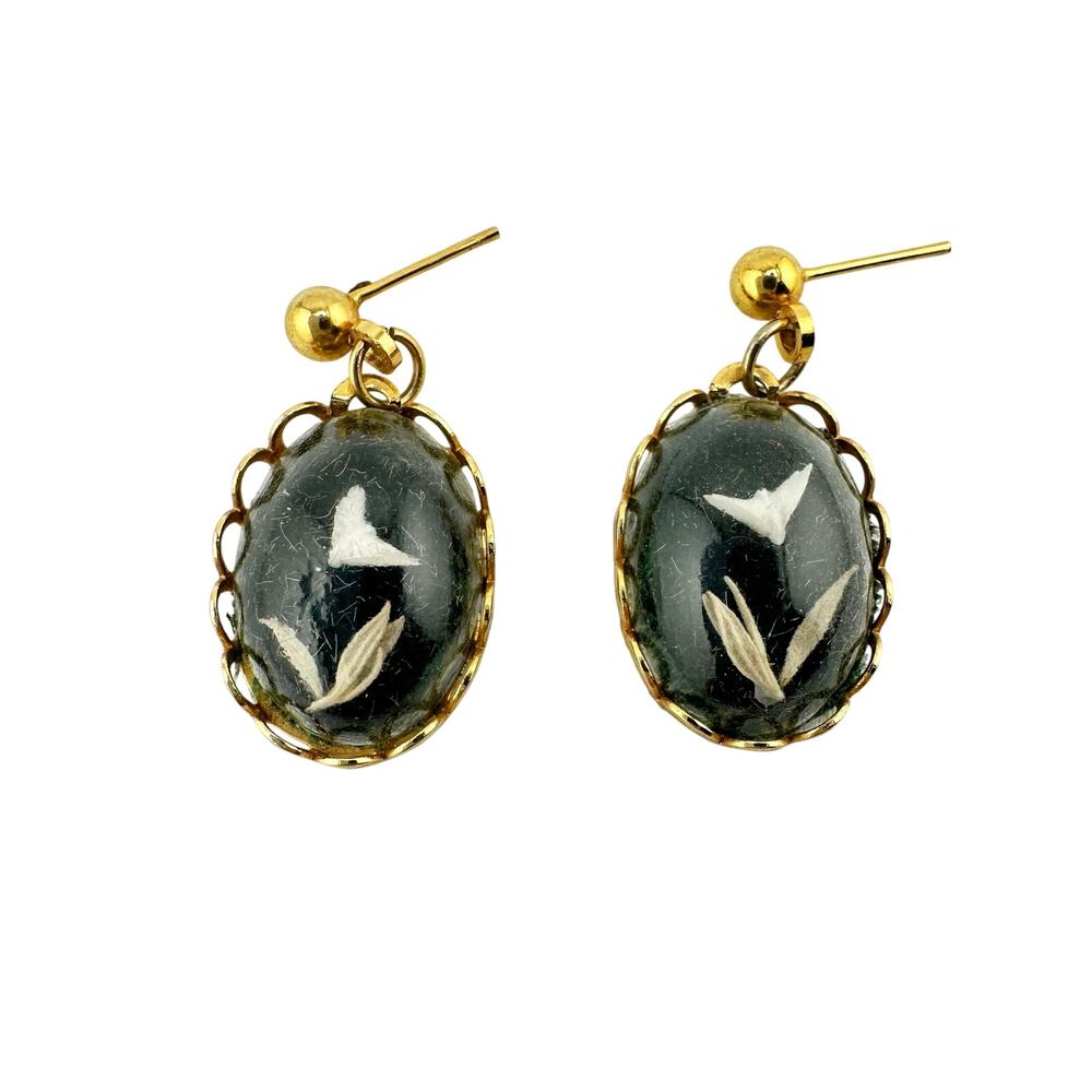 Vintage Mustard Seed Dove Captured Cabachon Gold Tone Bezel 1" Dangle Earrings